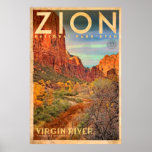 Vintage Zion National Park Travel Poster<br><div class="desc">This stunning,  limited edition,  retro poster of Zion National Park and the Virgin River would be a timeless addition to any decor scheme</div>