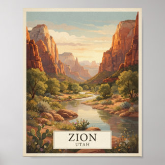 Vintage Zion Utah Travel Poster | Red Rock Canyon