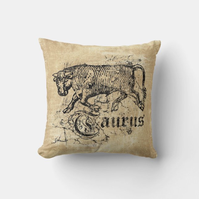 Vintage Zodiac Taurus Throw Pillow (Front)