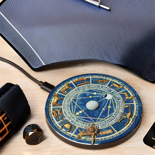 Vintage Zodiac Wheel Astrology Celestial Blue Gold Wireless Charger