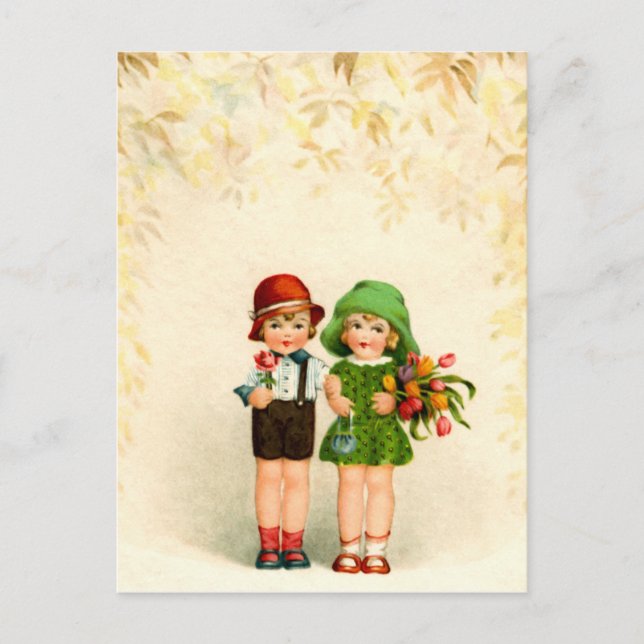 Vintage zwei Kinder und Blumen Postcard (Front)