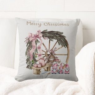 VintagePink Holiday Gnomes and Wagon Wheel Throw Pillow