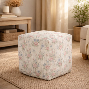 VintageRustic Shabby Chic Floral on Wood Farmhouse Pouf