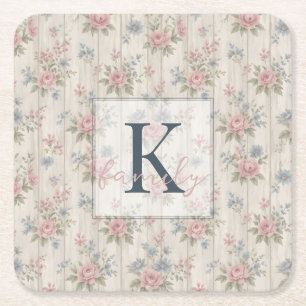 VintageRustic Shabby Chic Floral on Wood Farmhouse Square Paper Coaster