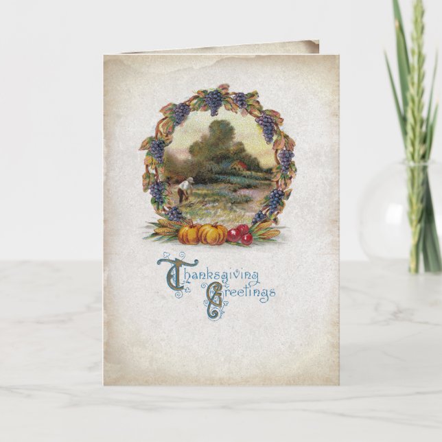 VintageThanksgiving Wreath Harvest Scene Holiday Card (Front)