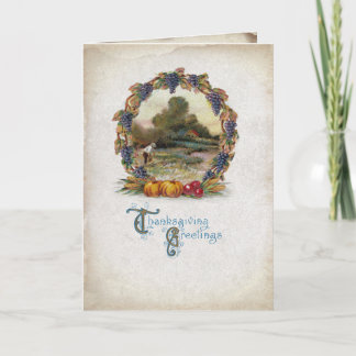 VintageThanksgiving Wreath Harvest Scene Holiday Card