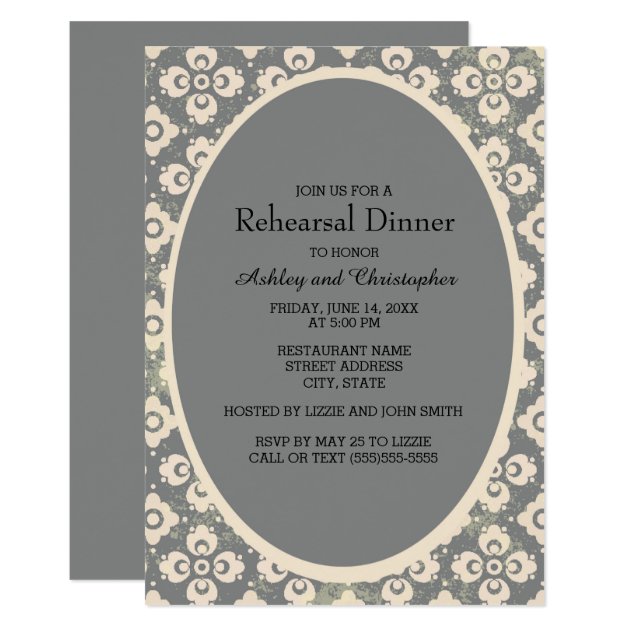 Vintgage Gray Floral Ornament Wedding Rehearsal Card