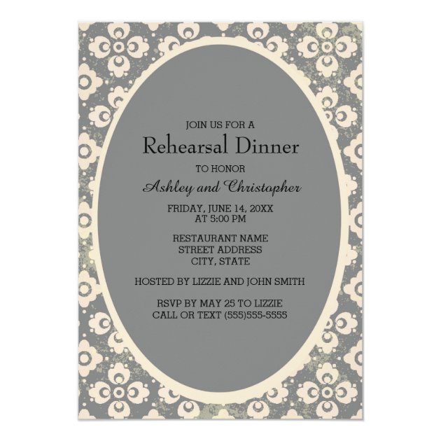 Vintgage Gray Floral Ornament Wedding Rehearsal Card