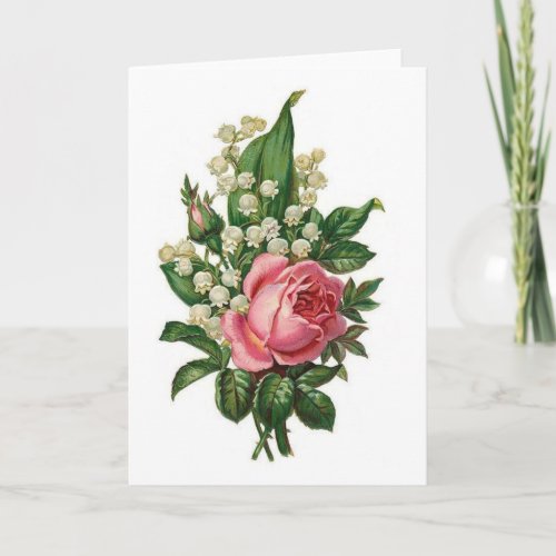 Vintge Pink Rose  Lily of the Valley Card