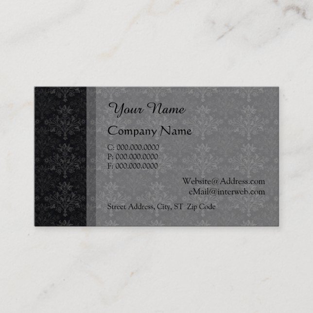 Vintnage Floral Damask Black Gray Custom Business Card (Front)