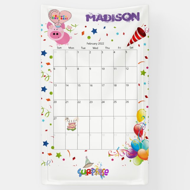 Vinyl Happy Birthday Calendar February 2022  Banner (Vertical)