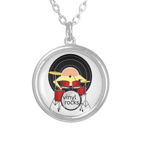 Vinyl music drums silver plated necklace