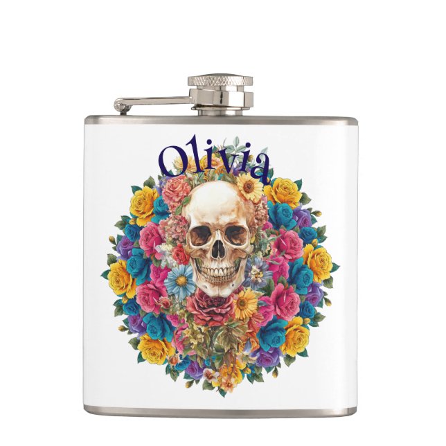 Vinyl Petaca skull and flowers Flask (Front)