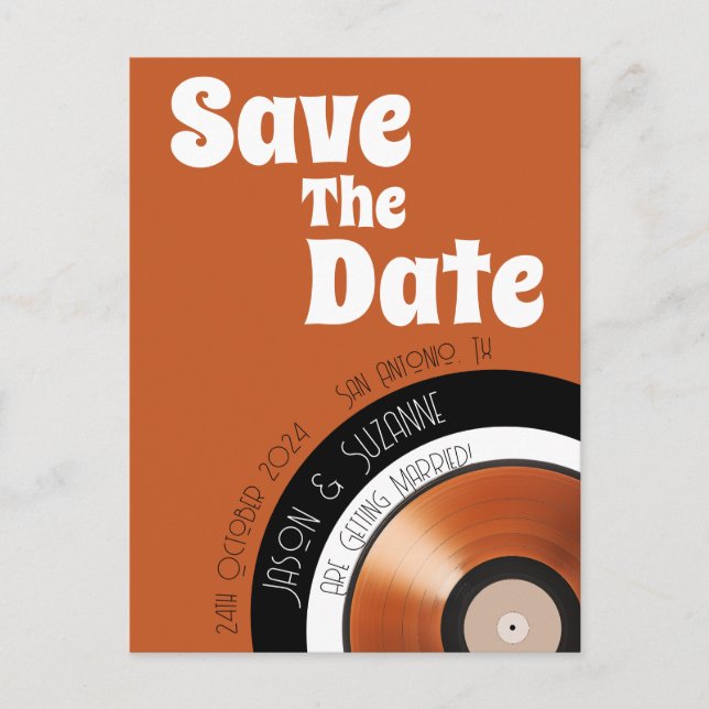 Vinyl record 70s retro terracotta burnt orange  announcement postcard (Front)