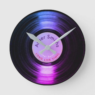 vinyl record, a purple round clock