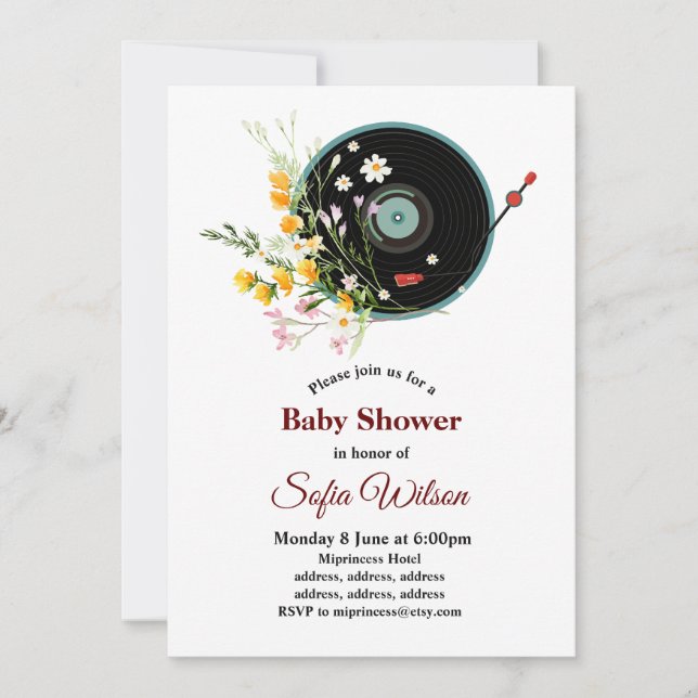 Vinyl Record, floral, Oldies Rustic, women music Invitation (Front)