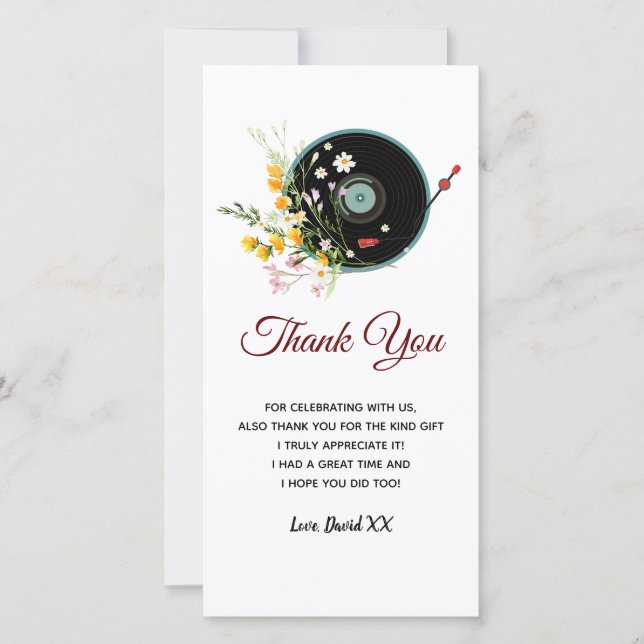 Vinyl Record, floral, Oldies Rustic, women music Thank You Card (Front)