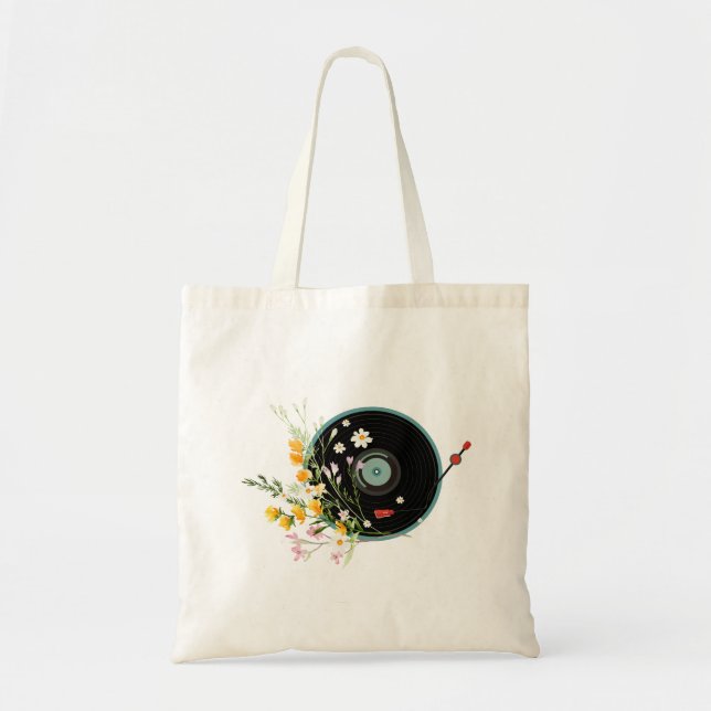 Vinyl Record, floral, Oldies Rustic, women music Tote Bag (Front)