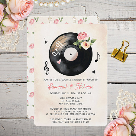 Vinyl Record Floral Watercolor Couples Shower Invitation
