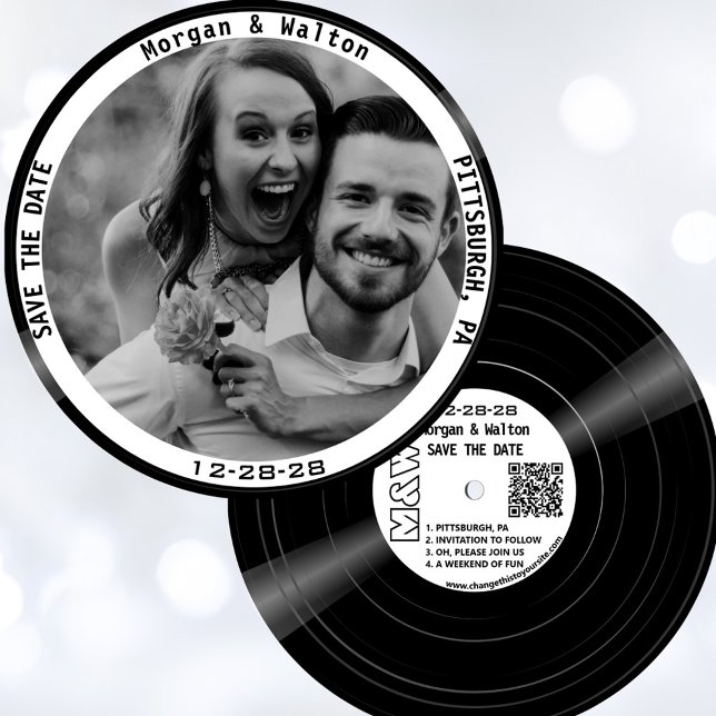 Vinyl Record Monogram Photo  - White Save The Date (Vinyl record style save the date with your photo, monogram, wedding website and QR code.)