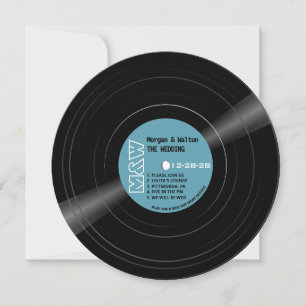 Vinyl Record Monogram Retro Blue Wedding Invitation