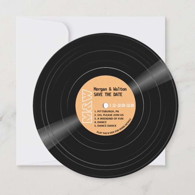 Vinyl Record Monogram Retro Save The Date (Front)