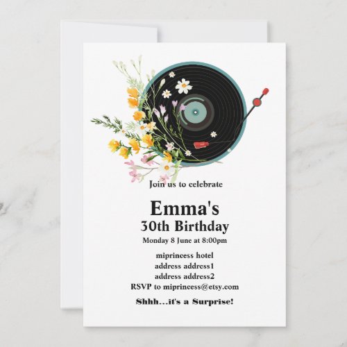 Vinyl Record  Oldies Rustic music flowers adult Invitation