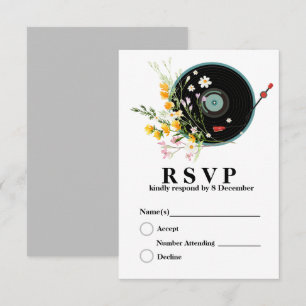 Vinyl Record, Oldies Rustic music, flowers, adult RSVP Card