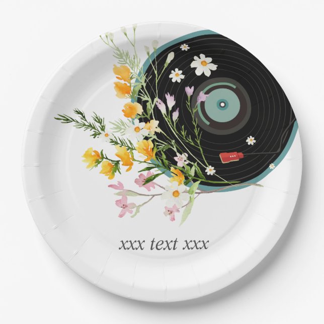 Vinyl Record,  Oldies Rustic music, flowers, Paper Plates (Front)