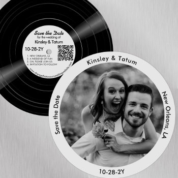 Vinyl Record Photo Save The Date Soft Grey by HelloPinkFeathers at Zazzle