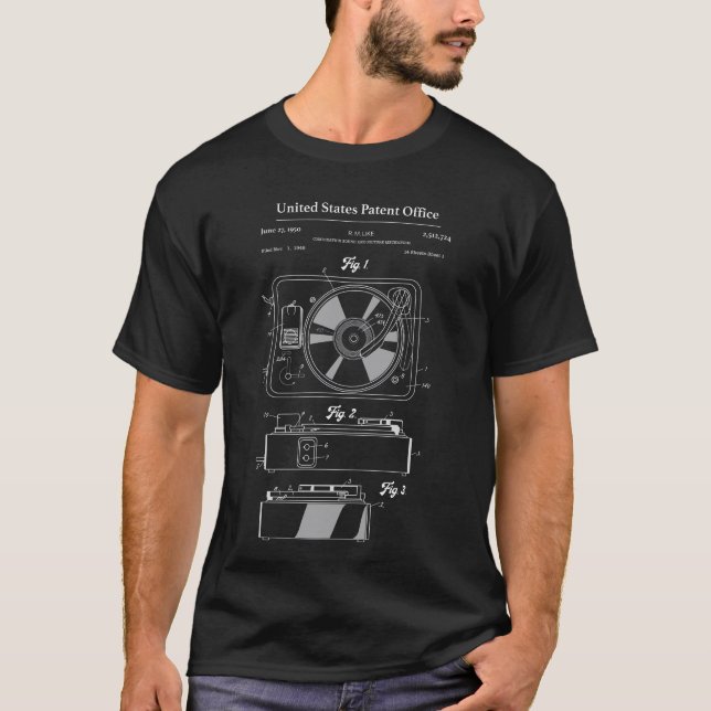 Vinyl Record Player Patent Schematic Turntable T-Shirt (Front)