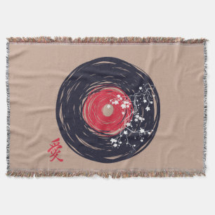 Vinyl Record Retro Grunge With Sakura Blossoms Throw Blanket