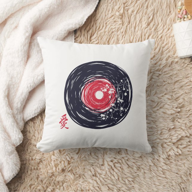 Vinyl Record Retro Grunge With Sakura Blossoms Throw Pillow (Blanket)