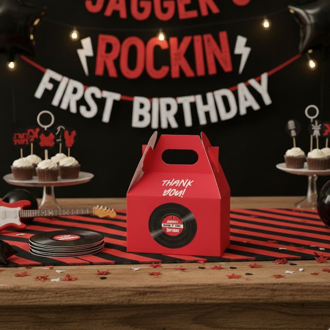 Vinyl Record Rock and Roll Birthday Red Gable Favor Boxes (Custom vinyl record favor boxes for a rockin' birthday)