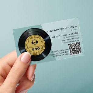 Vinyl Record Store Midnight Green & Mustard Yellow Clear Business Cards