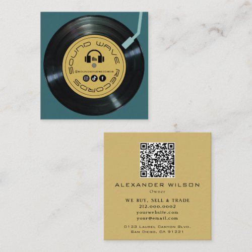 Vinyl Record Store Player Midnight Green & Mustard Square Business Card