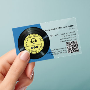 Vinyl Record Store Sky Blue & Yellow Clear Business Cards