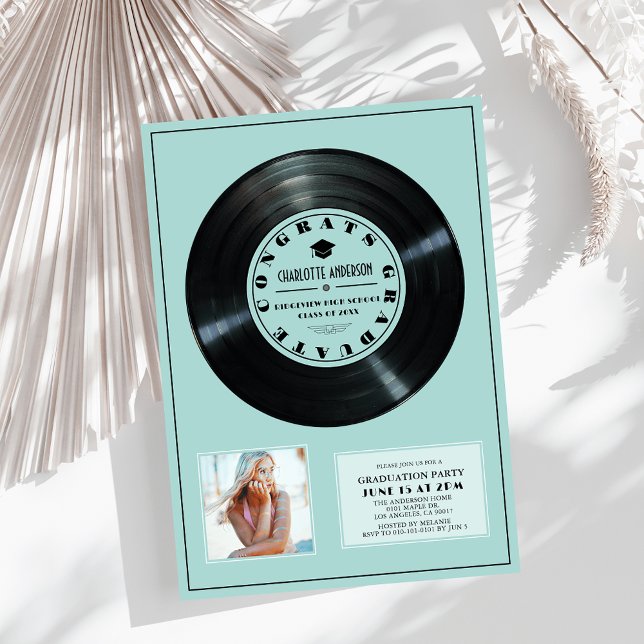 Vinyl Record Turquoise Plaque Photo Graduation Invitation (Creator Uploaded)
