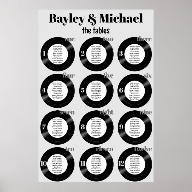 Vinyl Record Wedding Gray Seating Chart Poster (Front)