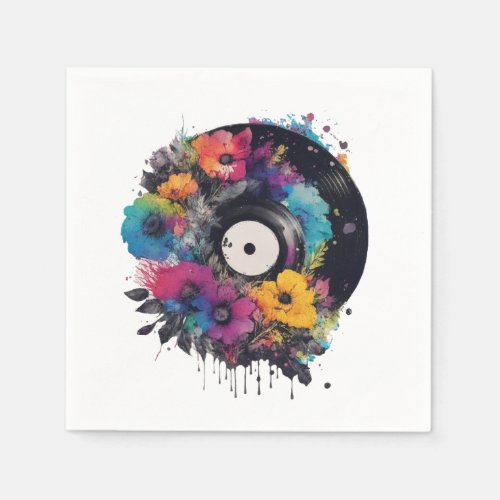 Vinyl record with colorful flowers napkins