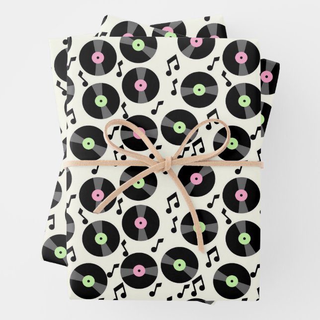 Vinyl Records and Music Notes Pattern Wrapping Paper Sheets (In situ)