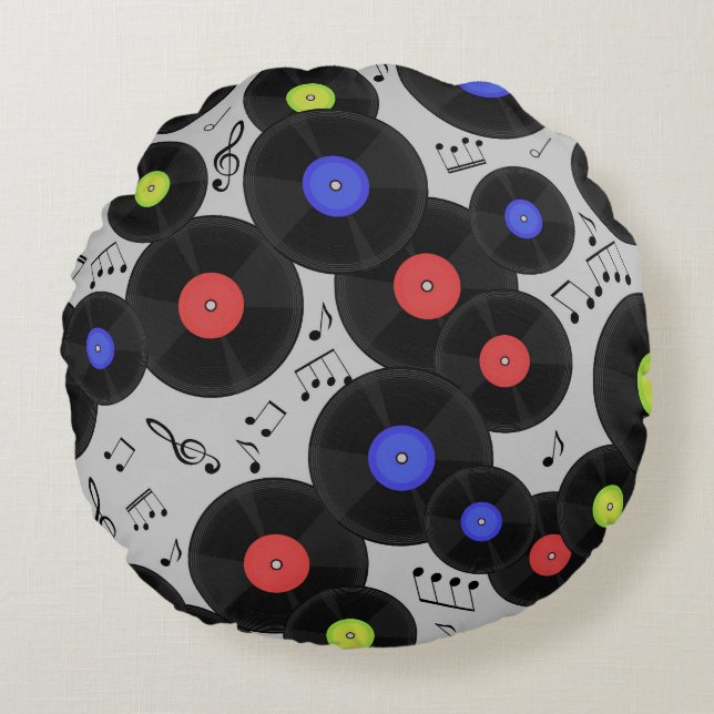 Vinyl Records: Music Note Pattern Round Pillow (Front)