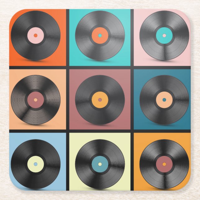 Vinyl records: retro LP set. Square Paper Coaster (Front)