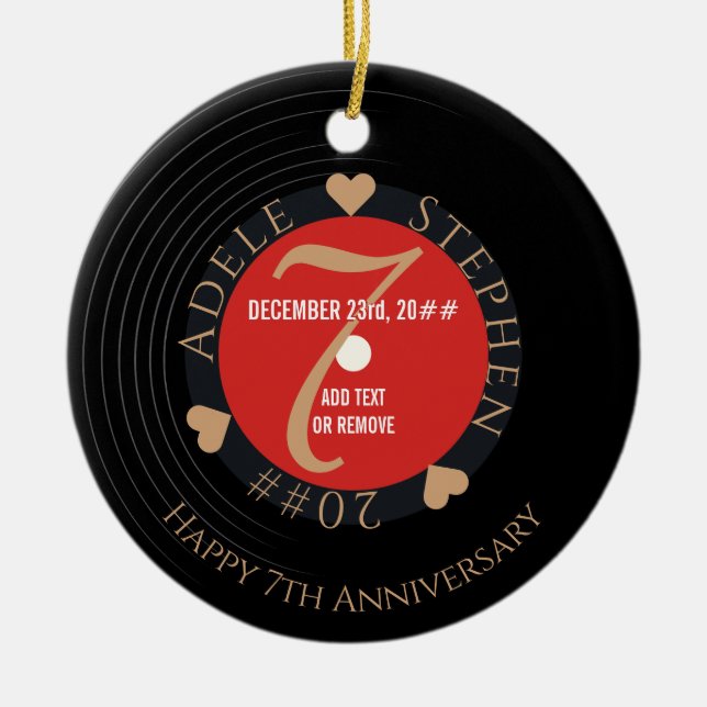Vinyl Romantic 7th Copper Wedding Anniversary Ceramic Ornament (Front)