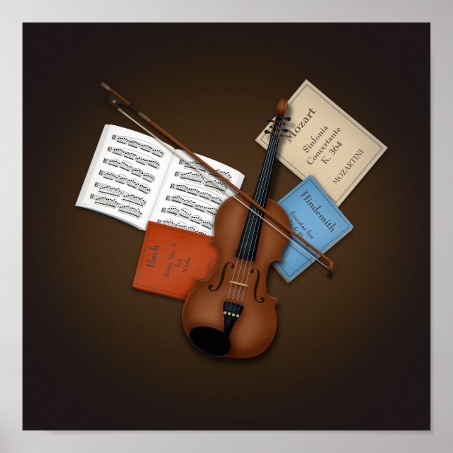 Viola & Bow on Pile of Music Books Customizable Poster (Front)