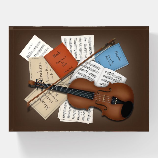 Viola & Bow With Books & Sheet Music Customizable Paperweight (Front)