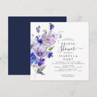 Viola Floral Purple Blue Navy Flower Bridal Shower Invitation