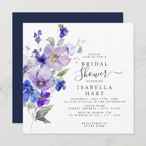 Viola Floral Purple Blue Navy Flower Bridal Shower Invitation