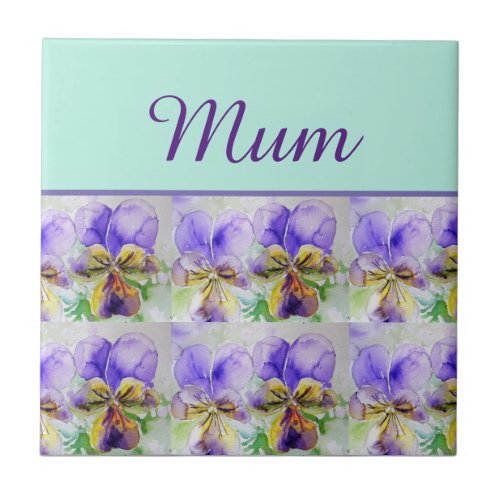 Viola Flower Aqua Stripe floral Mom Mothers Day Ceramic Tile