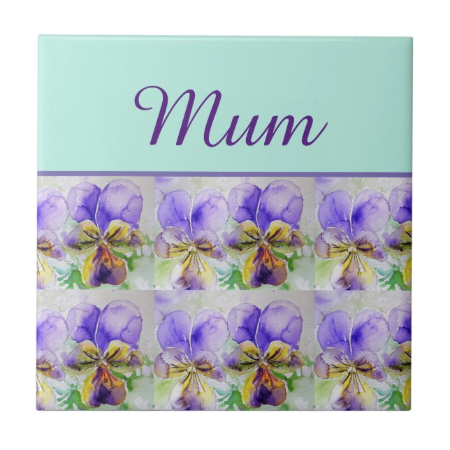 Viola Flower Aqua Stripe floral Mom Mothers Day Ceramic Tile (Front)